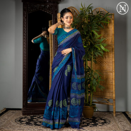 Elegant Blue Handloom Cotton Saree with Traditional Prints