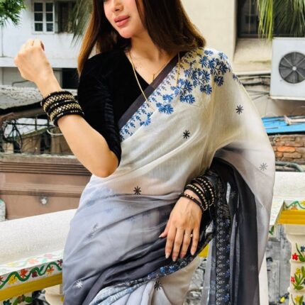 Cotton Silk Saree – White & Grey with Blue Floral Embroidery