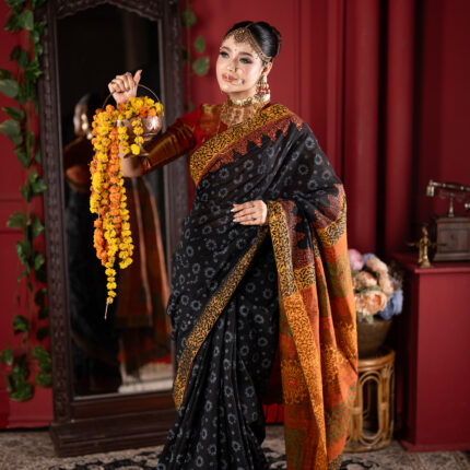 Handloom Katha Stiched Sharee Black|Cotton silk-CD 801